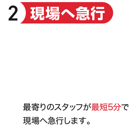 現場へ急行 最寄りのスタッフが最短5分で現場へ急行します。