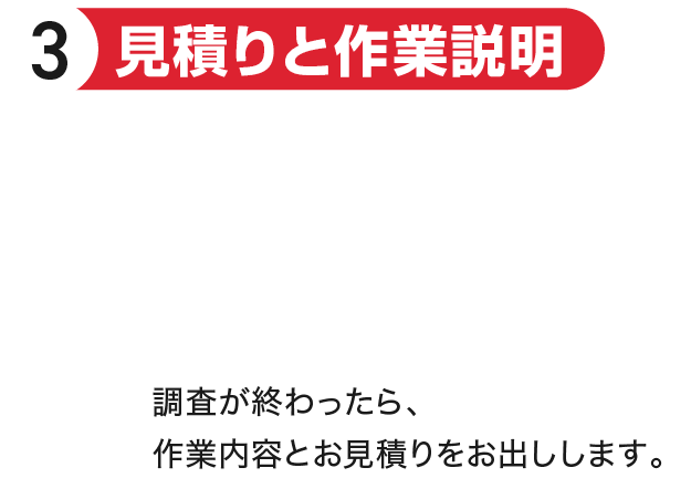 見積りと作業説明 調査が終わったら、作業内容とお見積りをお出しします。